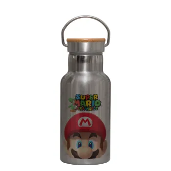 Super mario head, Stainless steel metallic thermos flask, silver with a bamboo lid, double-walled, 350ml.