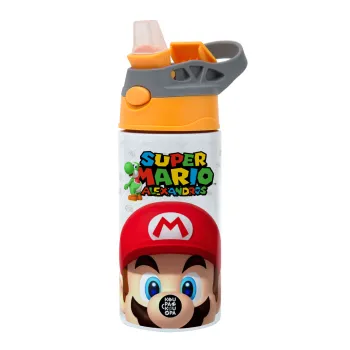 Super mario head, Παιδικό παγούρι θερμό, ανοξείδωτο, με καλαμάκι ασφαλείας, Πορτοκαλί/Γκρι (360ml) BPA-FREE