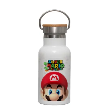 Super mario head, Metallic thermos (Stainless steel) White with wooden lid (bamboo), double-walled, 350ml