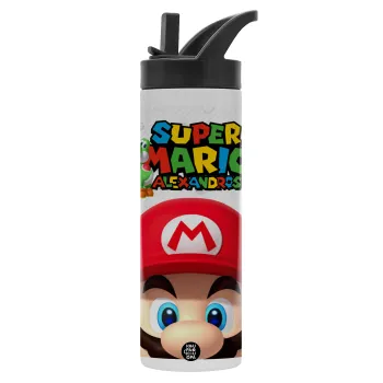 Super mario head, Μεταλλικό παγούρι θερμός με καλαμάκι & χειρολαβή, ανοξείδωτο ατσάλι (Stainless steel 304), διπλού τοιχώματος, 600ml