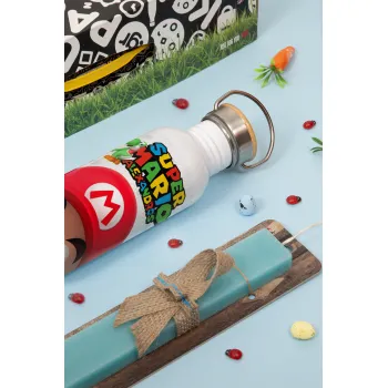 Super mario head, Easter Set, metallic silver aluminum water bottle (500ml) & scented flat Easter candle (30cm) (TURQUOISE)