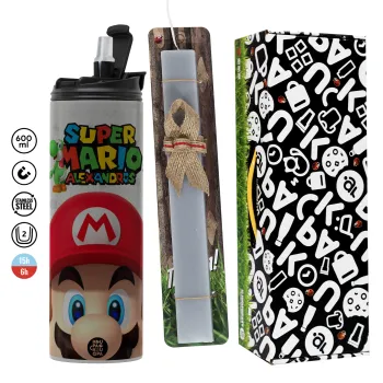 Super mario head, Easter candle with Grey Tumbler Thermo 600ml & aromatic flat candle (30cm) (GREY)