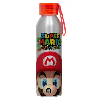 Super mario head, Αλουμινένιο Αθλητικό Μπουκάλι 650ml – Ασημί με Κόκκινο Καπάκι και Λουράκι Σιλικόνης