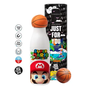 Super mario head, Μπάλα μπάσκετ μεταλλικό παγούρι θερμός, διπλού τοιχώματος, 550ml