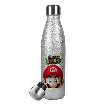 Super mario head, Μεταλλικό παγούρι θερμός Glitter Aσημένιο (Stainless steel), διπλού τοιχώματος, 500ml
