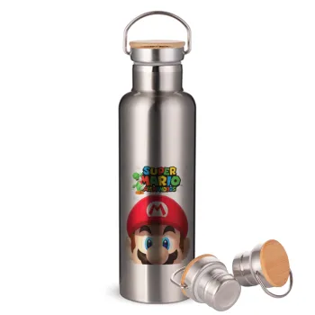 Super mario head, Μεταλλικό παγούρι θερμός (Stainless steel) Ασημένιο με ξύλινο καπακι (bamboo), διπλού τοιχώματος, 750ml
