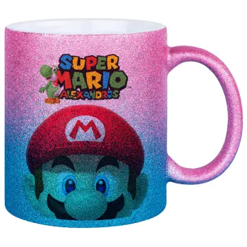 Super mario head, Κούπα Χρυσή/Μπλε Glitter, κεραμική, 330ml