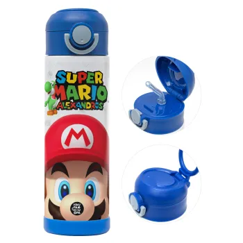 Super mario head, Children's hot water bottle, stainless steel, with safety straw, BLUE (500ml)