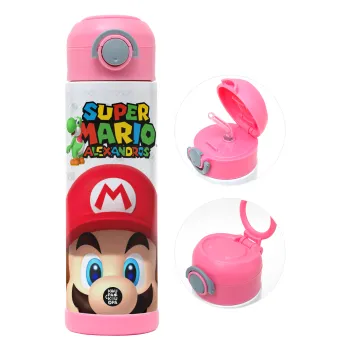 Super mario head, Children's hot water bottle, stainless steel, with safety straw, PINK (500ml)