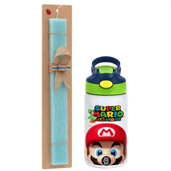 Super mario head, Easter Set, Children's thermal stainless steel bottle with safety straw, green/blue (350ml) & aromatic flat Easter candle (30cm) (TURQUOISE)