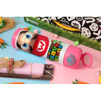 Super mario head, Πασχαλινή Λαμπάδα με Παιδικό παγούρι θερμό, ανοξείδωτο, με καλαμάκι ασφαλείας, ΡΟΖ (500ml)
