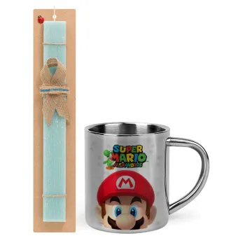 Super mario head, Πασχαλινή Λαμπάδα με μεταλλική κούπα θερμό (300ml) & κερί αρωματικό πλακέ (30cm) (ΤΙΡΚΟΥΑΖ)