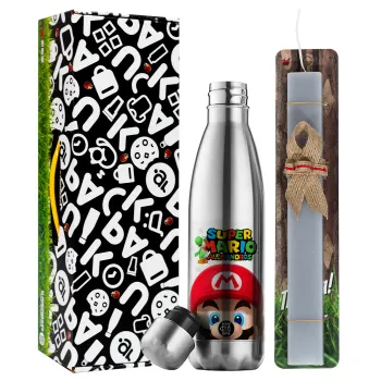 Super mario head, Easter Set, metallic stainless thermos flask (500ml) & scented flat Easter candle (30cm) (GRAY)