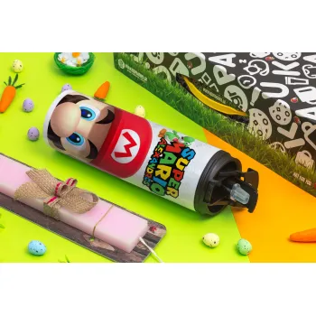 Super mario head, Πασχαλινή Λαμπάδα με Travel Tumbler θερμό με διπλό καπάκι (600ml, BPA free) & κερί αρωματικό πλακέ (30cm) (ΡΟΖ)