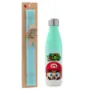 Easter Set, Metallic green/white thermos (Stainless steel), double-walled, 500ml & scented flat Easter candle (30cm) (TURQUOISE)