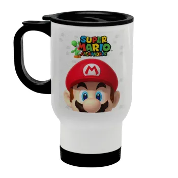 Super mario head, Κούπα ταξιδιού ανοξείδωτη με καπάκι, διπλού τοιχώματος (θερμό) λευκή 450ml