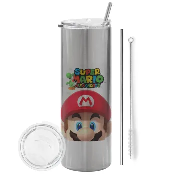 Super mario head, Tumbler ποτήρι θερμό Ασημένιο από ανοξείδωτο ατσάλι 600ml, με μεταλλικό καλαμάκι & βούρτσα καθαρισμού
