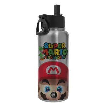 Super mario head, Μεταλλικό παγούρι θερμός Silver με καλαμάκι και χερούλι (Stainless steel), διπλού τοιχώματος, 950ml