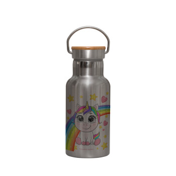 Unicorn baby με όνομα, Stainless steel metallic thermos flask, silver with a bamboo lid, double-walled, 350ml.