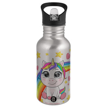 Unicorn baby με όνομα, Water bottle Silver with straw, stainless steel 500ml