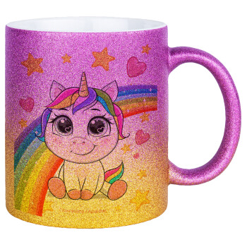 Unicorn baby με όνομα, Κούπα Χρυσή/Ροζ Glitter, κεραμική, 330ml