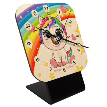 Unicorn baby με όνομα, Quartz Table clock in natural wood (10cm)