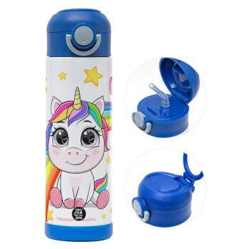 Unicorn baby με όνομα, Children's hot water bottle, stainless steel, with safety straw, BLUE (500ml)