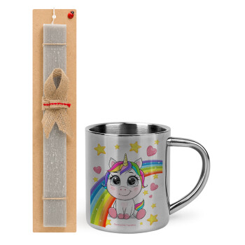 Unicorn baby με όνομα, Πασχαλινή Λαμπάδα με μεταλλική κούπα θερμό (300ml) & κερί αρωματικό πλακέ (30cm) (ΓΚΡΙ)