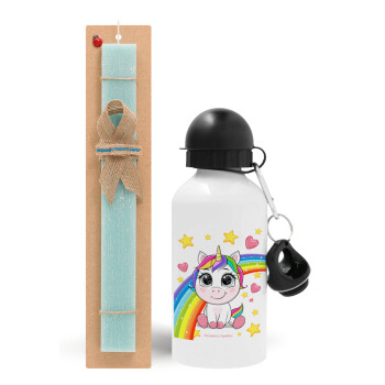 Unicorn baby με όνομα, Easter Set, metallic aluminum water bottle (500ml) & scented flat candle (30cm) (TURQUOISE)