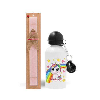 Unicorn baby με όνομα, Easter Set, metallic aluminum bottle (500ml) & aromatic flat Easter candle (30cm) (PINK)