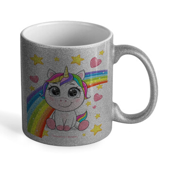 Unicorn baby με όνομα, Κούπα Ασημένια Glitter που γυαλίζει, κεραμική, 330ml