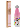 Easter Set, Metallic pink/white (Stainless steel) thermos, double-walled, 500ml & aromatic flat Easter candle (30cm) (PINK)