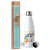 Easter Set, metallic stainless steel water bottle (750ml) & aromatic flat Easter candle (30cm) (TURQUOISE)