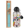 Easter Set, metallic silver aluminum water bottle (500ml) & scented flat Easter candle (30cm) (TURQUOISE)