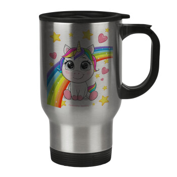 Unicorn baby με όνομα, Stainless steel travel mug with lid, double wall 450ml