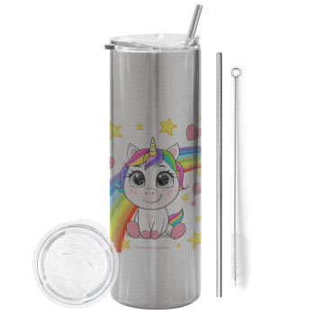 Unicorn baby με όνομα, Eco friendly stainless steel Silver tumbler 600ml, with metal straw & cleaning brush