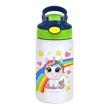 Unicorn baby με όνομα, Παιδικό παγούρι θερμό, ανοξείδωτο, με καλαμάκι ασφαλείας, πράσινο/μπλε (350ml)