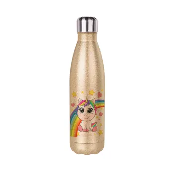 Unicorn baby με όνομα, Glitter gold stainless steel thermos bottle, double-walled, 500ml
