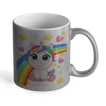 Unicorn baby με όνομα, Κούπα Ασημένια Glitter που γυαλίζει, κεραμική, 330ml