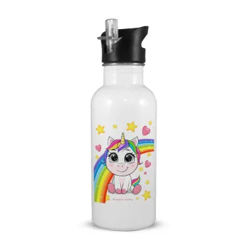 Unicorn baby με όνομα, White water bottle with straw, stainless steel 600ml