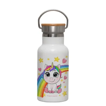 Unicorn baby με όνομα, Metallic thermos (Stainless steel) White with wooden lid (bamboo), double-walled, 350ml
