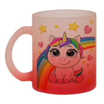 Unicorn baby με όνομα, Κούπα γυάλινη δίχρωμη με βάση το κόκκινο ματ, 330ml