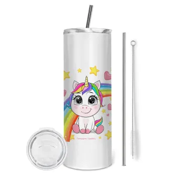 Unicorn baby με όνομα, Tumbler ποτήρι θερμό από ανοξείδωτο ατσάλι 600ml, με μεταλλικό καλαμάκι & βούρτσα καθαρισμού