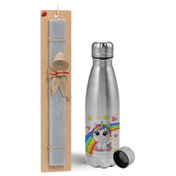 Unicorn baby με όνομα, Easter Set, metallic Inox water bottle (750ml) & aromatic flat Easter candle (30cm) (GRAY)