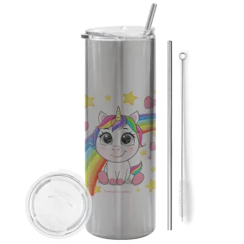 Unicorn baby με όνομα, Tumbler ποτήρι θερμό Ασημένιο από ανοξείδωτο ατσάλι 600ml, με μεταλλικό καλαμάκι & βούρτσα καθαρισμού