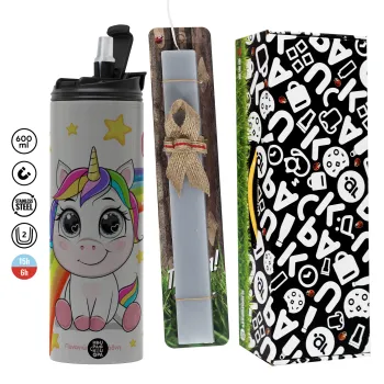Unicorn baby με όνομα, Πασχαλινή Λαμπάδα με Travel Tumbler θερμό (600ml, BPA free) & κερί αρωματικό πλακέ (30cm) (ΓΚΡΙ)