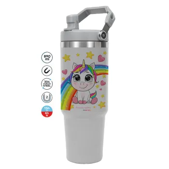 Unicorn baby με όνομα, GREY color, 890ml (30oz) stainless Steel Tumbler with Handle