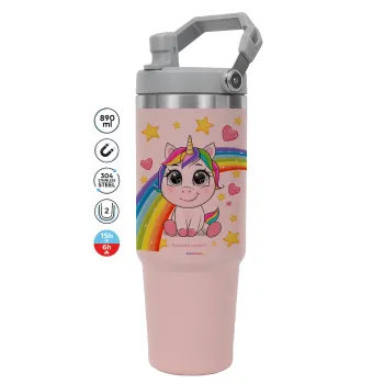 Unicorn baby με όνομα, Pink color, 890ml (30oz) stainless Steel Tumbler with Handle