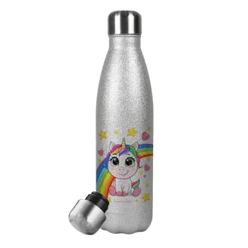 Unicorn baby με όνομα, Metallic Glitter Silver Thermos Flask (Stainless steel), double-walled, 500ml