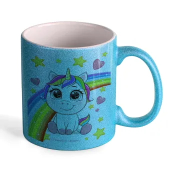 Unicorn baby με όνομα, Κούπα Σιέλ Glitter που γυαλίζει, κεραμική, 330ml